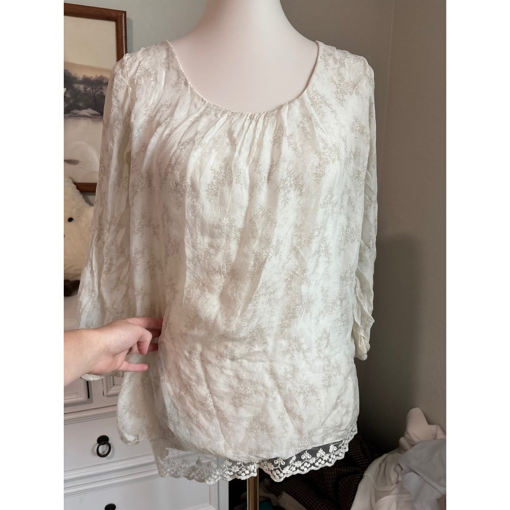 Silk Floral Lace Blouse Giusy Italy Cream Cottagecore Boho Romantic Top Small